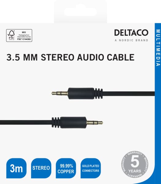Deltaco 3,5 mm kullattu -audiokaapeli, 3 m, musta – Deltaco