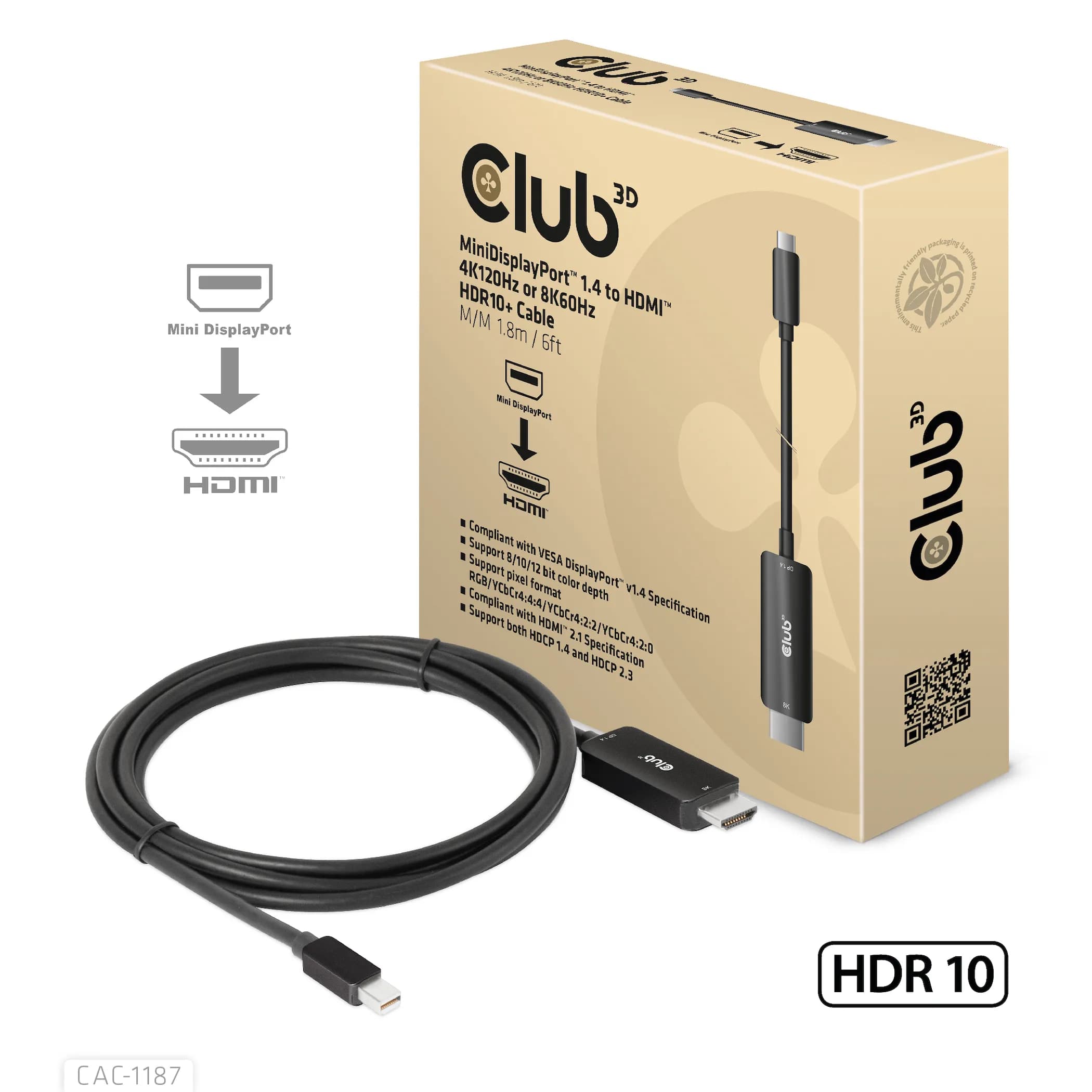 Club 3D CAC-1187 Mini DisplayPort 1.4 to HDMI 2.1 -adapterikaapeli, jossa 8K, 1,8 m, musta – Club 3D
