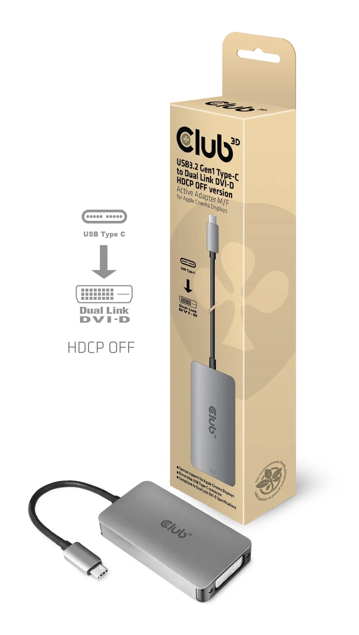 Club 3D 3.2 Gen1 USB-C - Dual Link DVI-D HDCP OFF version, aktiivinen -sovitin, Harmaa – Club 3D