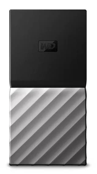 Western Digital My Passport SSD 2 Tt USB-C -ulkoinen SSD, kannettava, iskunkestävä, laitteistosalaus, salasanasuojaus, musta, hopea