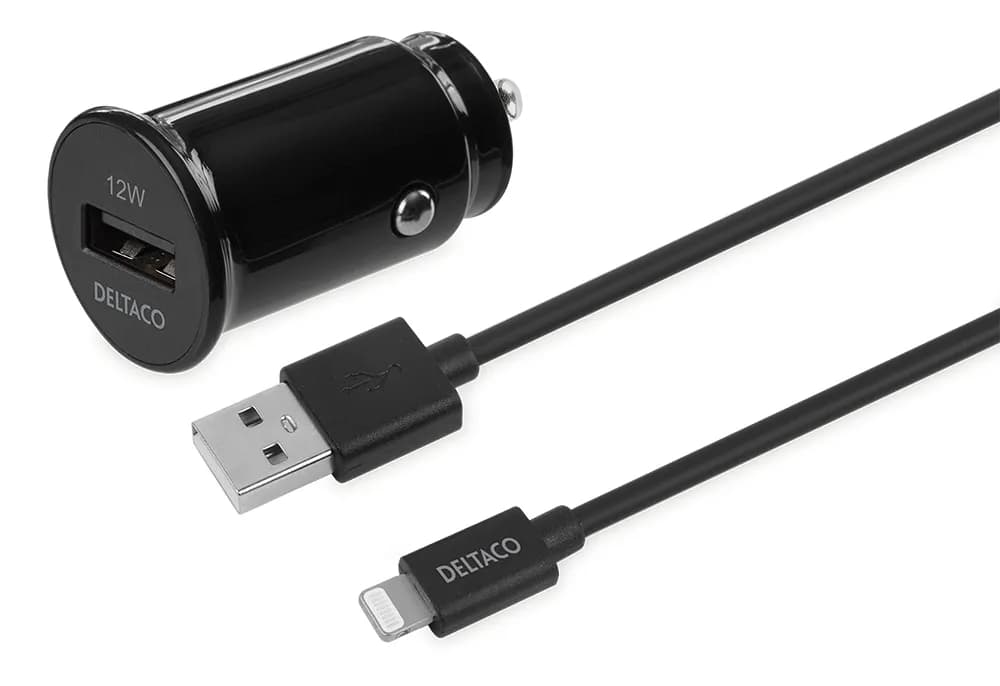 DELTACO USB car charger, 1x USB-A 2.4 A, 1 m Lightning cable, black