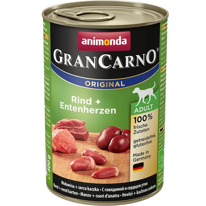 Animonda GranCarno Original Adult Beef and Duck Hearts, Koiran märkäruoka, Viljaton, 400 g – Animonda