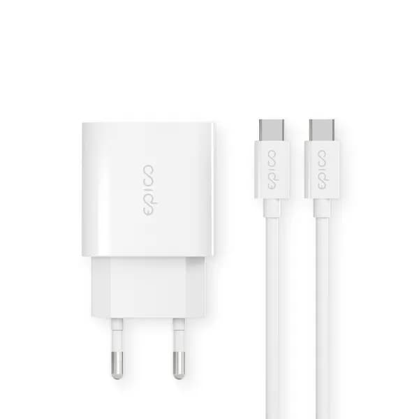Epico PD 20W USB-C -laturi kaapelilla, Valkoinen 1.2m