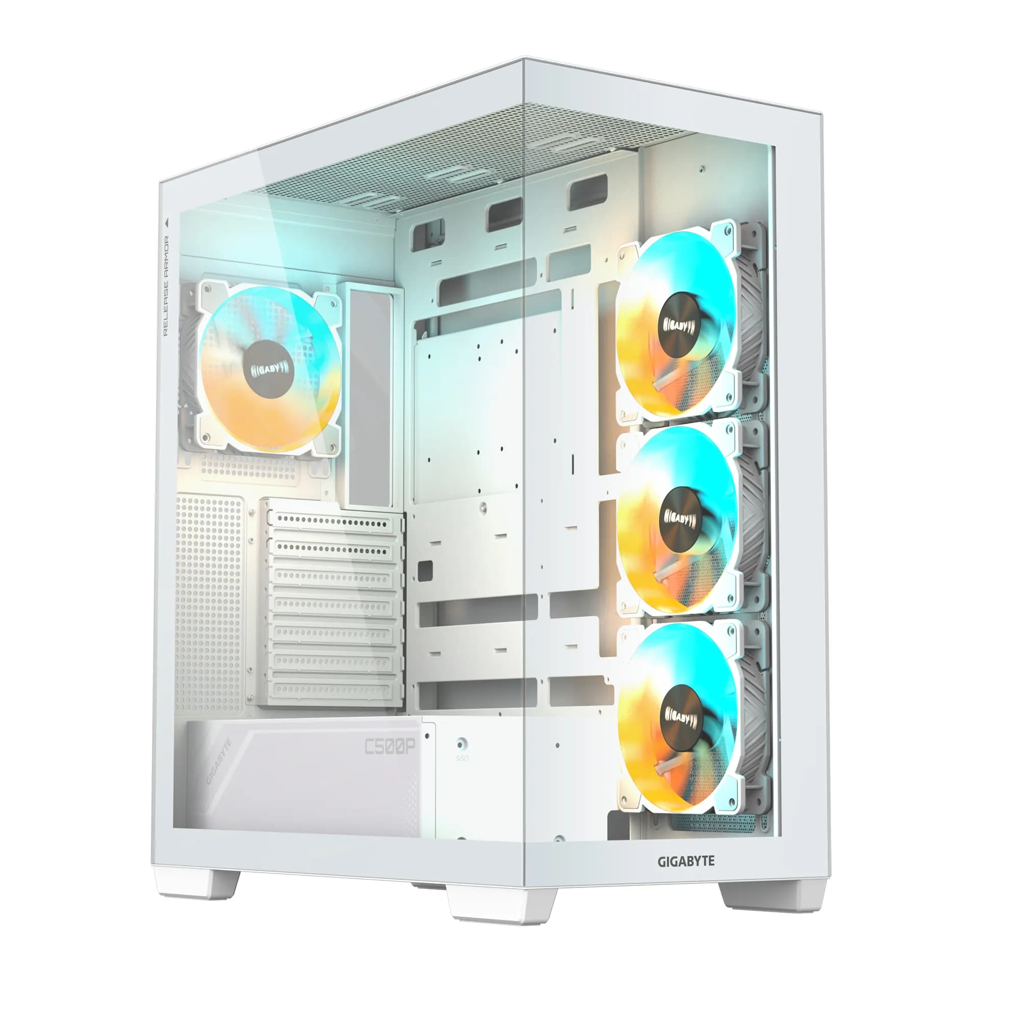GIGABYTE C500 PANORAMIC STEALTH-miditornikotelo ikkunalla ja RGB-valaistuksella, valkoinen