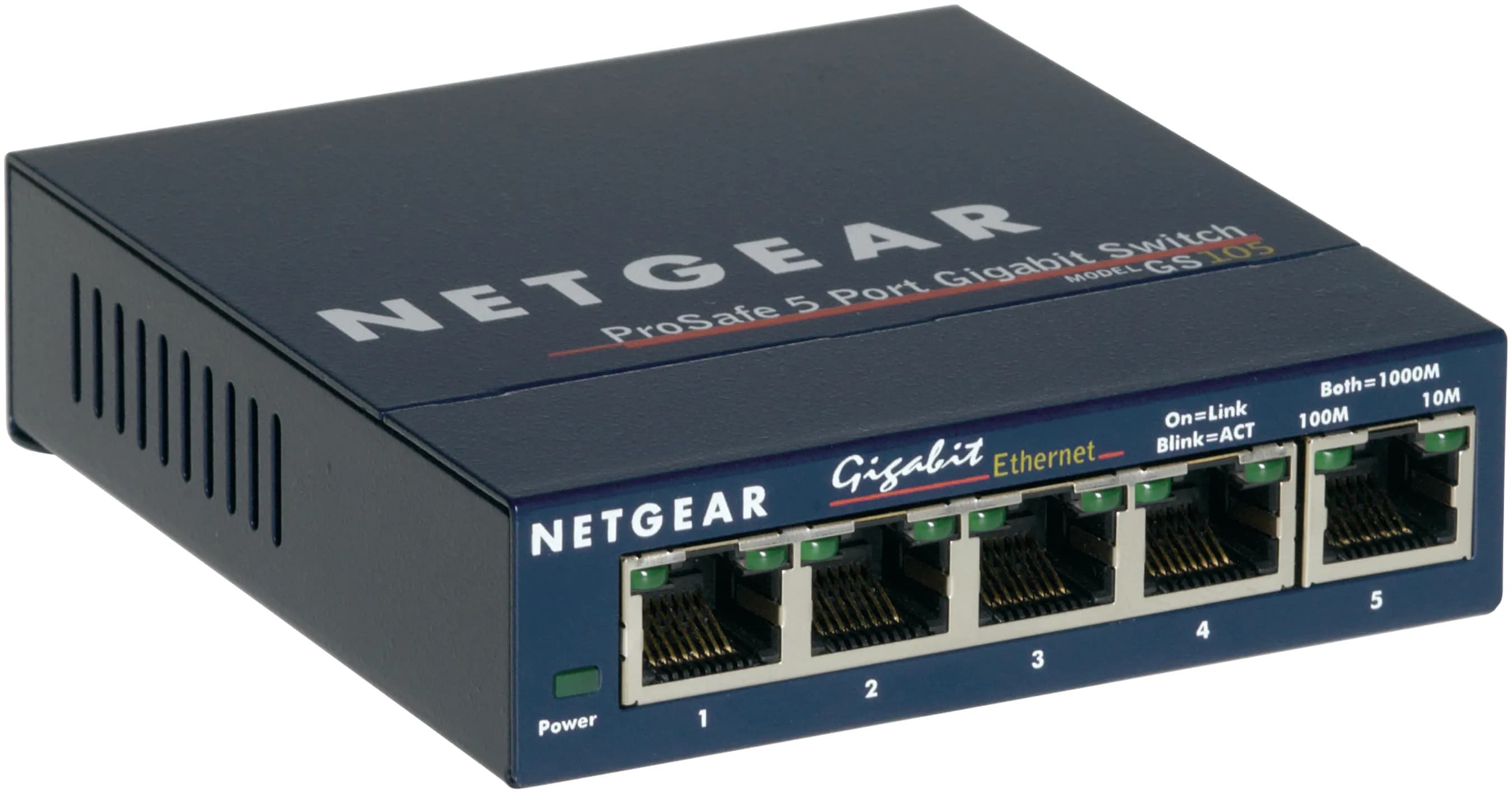 NETGEAR PROSAFE  5-port Gigabit Ethernet Desktop Switch auto-sensing 10/100/1000 Mbps.External AC adapter  12W, 12V DC, 1A