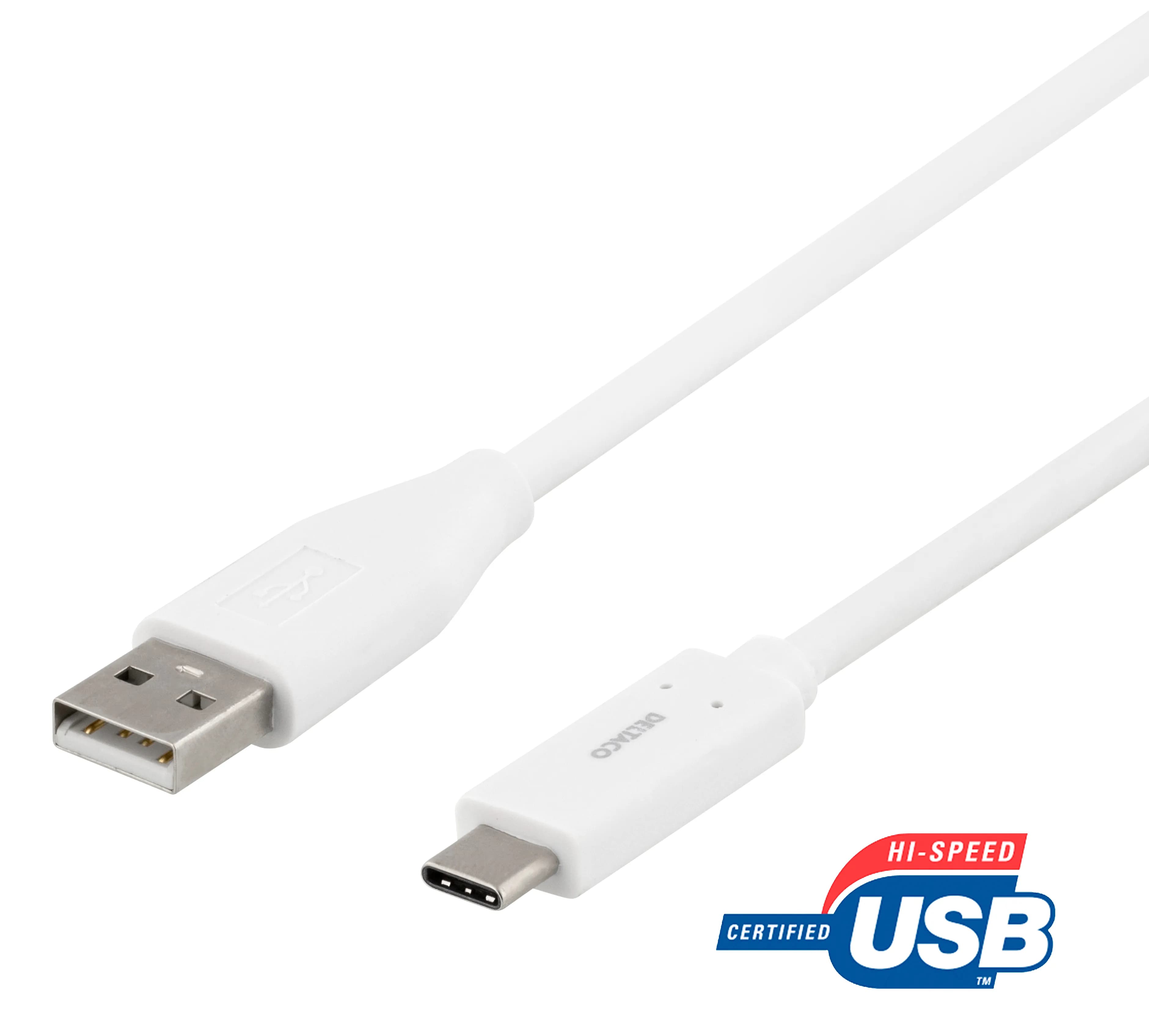 Deltaco USB-C – USB-A -kaapeli, 3 W, 2 m, valkoinen