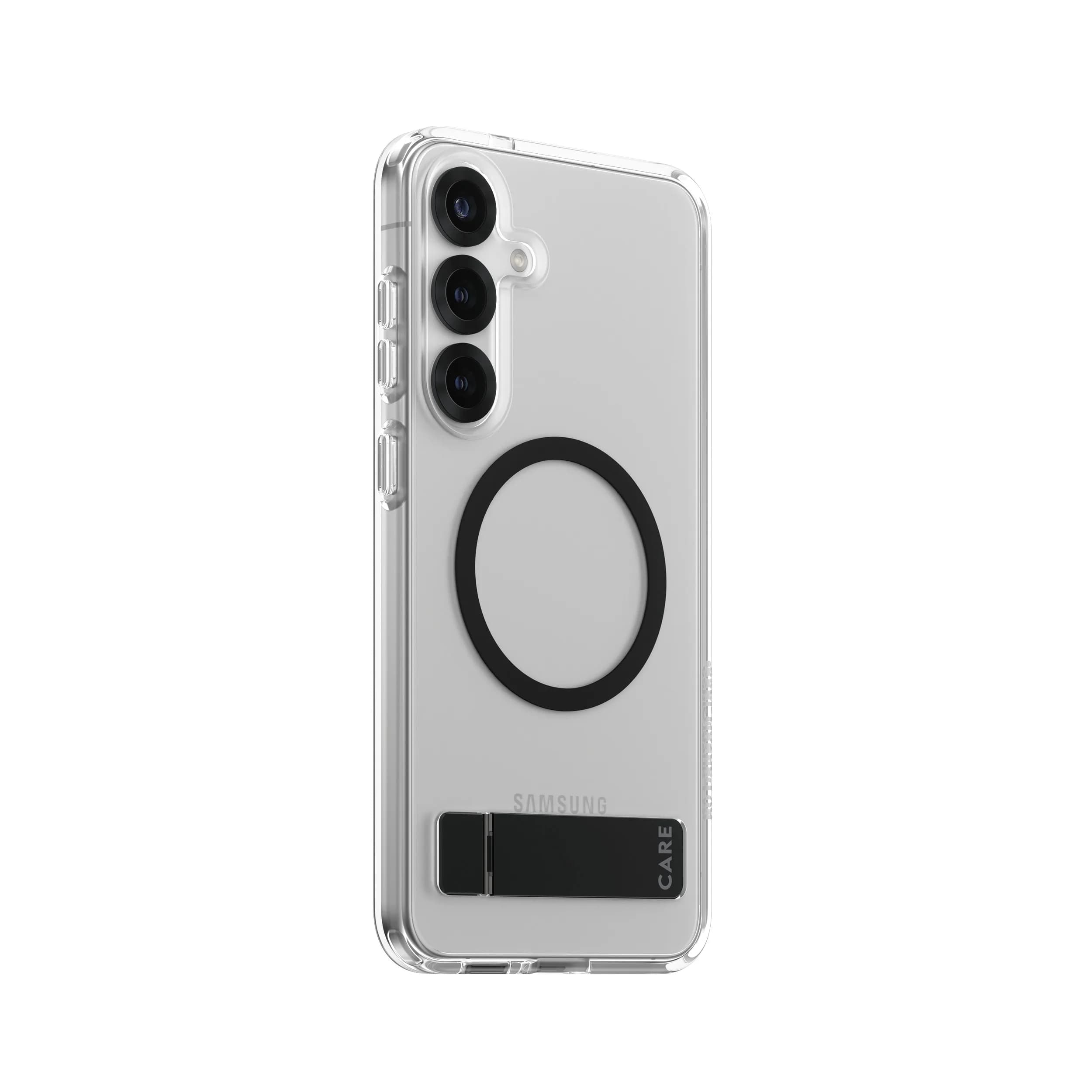 Care by PanzerGlass Galaxy S25+ Kickstand -suojakuori, Läpinäkyvä mustalla, Qi-yhteensopiva – Panzerglass