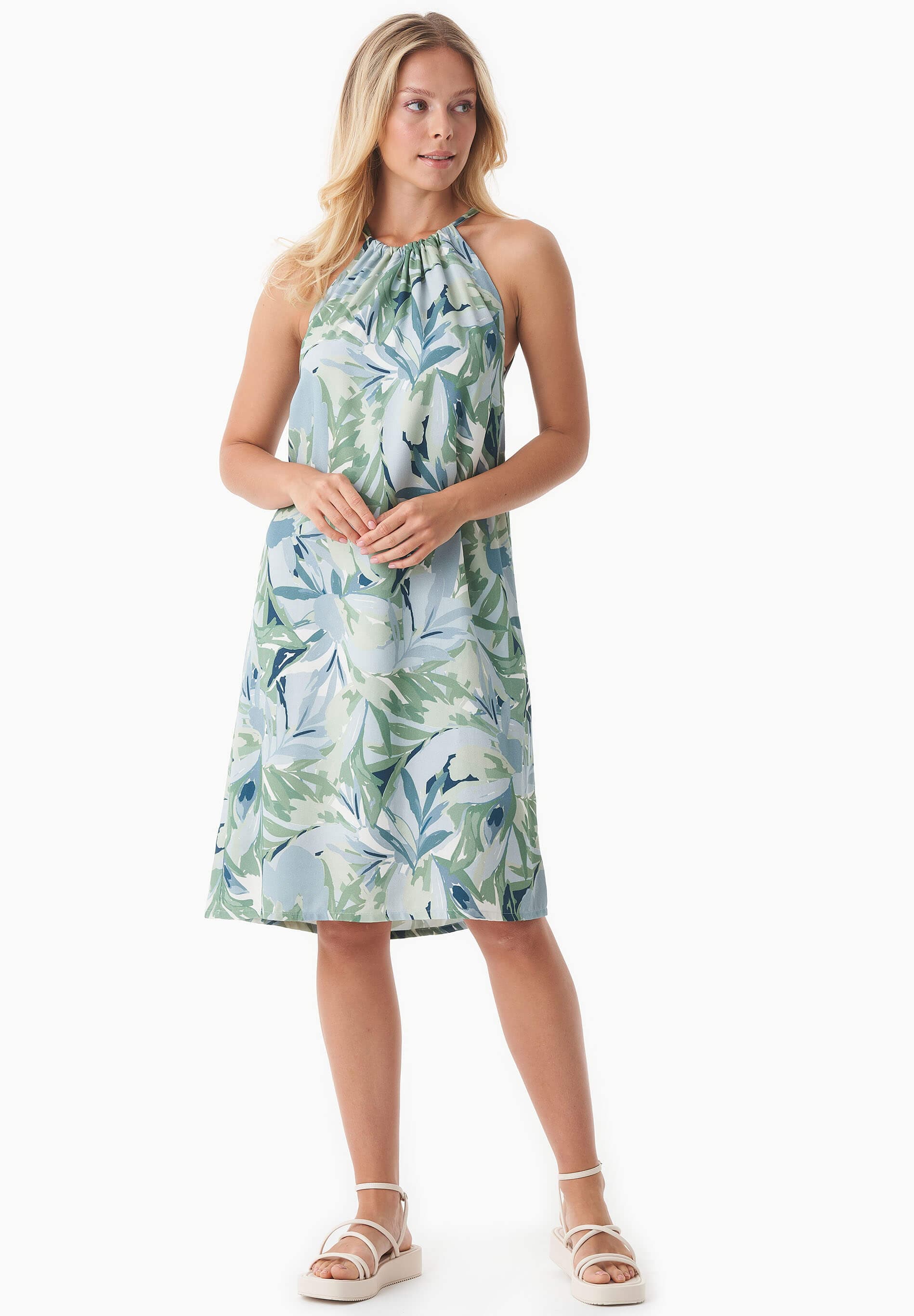 Kuvioitu Viskoosi Halterneck Abstract Leaf Mekko