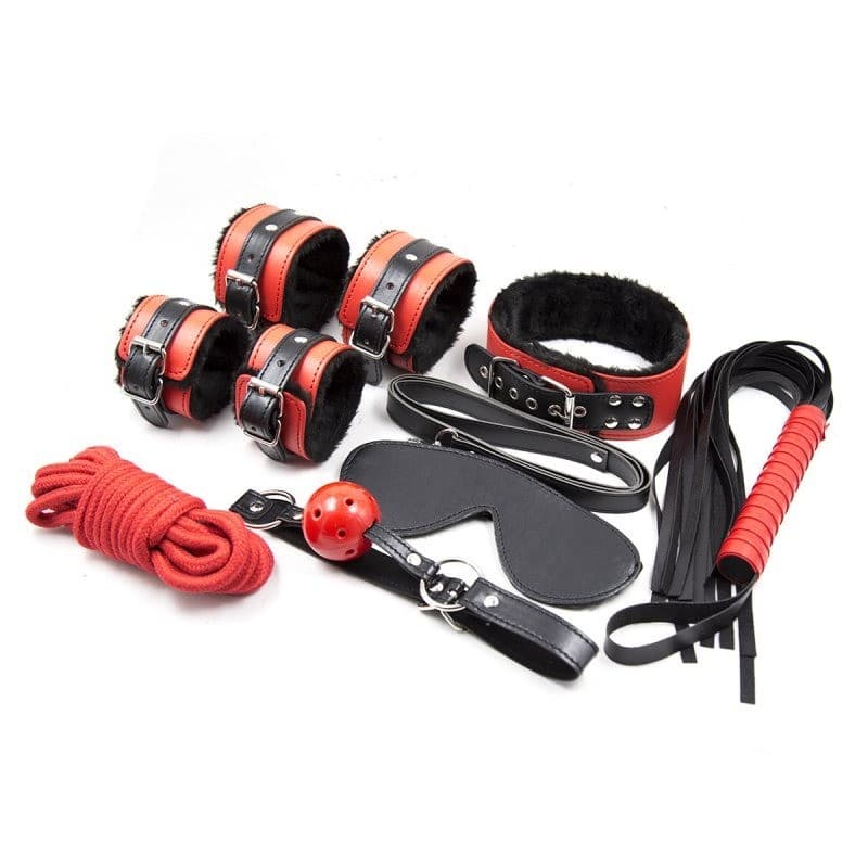 MUSTA-PUNAINEN 7 OSAINEN Fetish Bondage setti – Hotlips - Sex toys