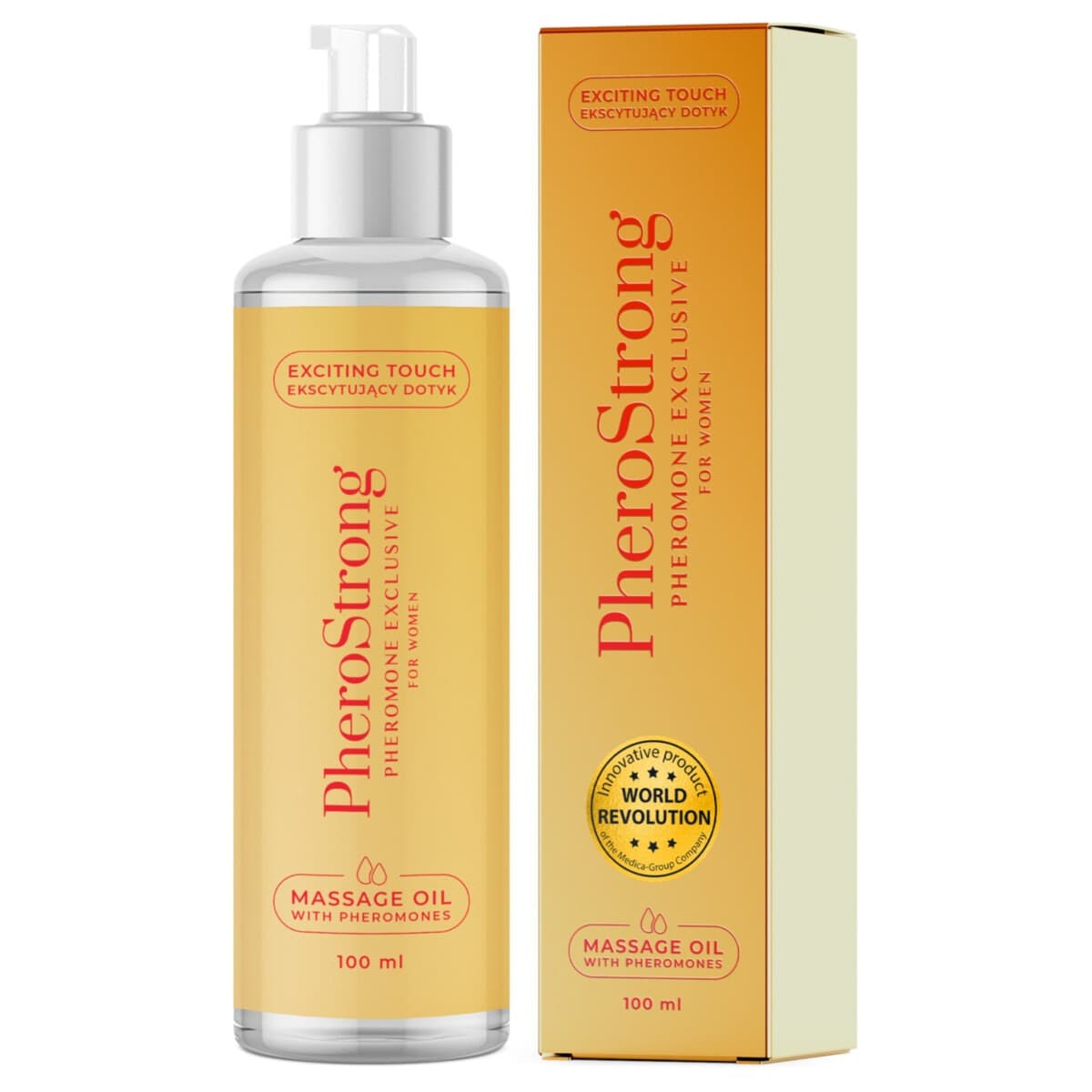 PheroStrong Pheromone Exclusive – aromaattinen feromonipitoinen hierontaöljy naisille, 100 ml