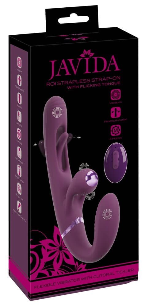 RC Strapless Strap-On With Flicking Tongue kauko-ohjattava hihnaton strap-on-kaksoisvibraattori – Javida