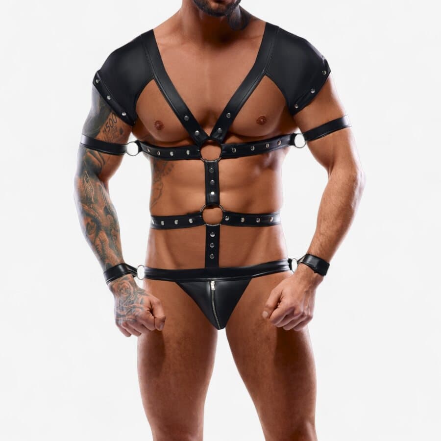 Svenjoyment Bondage-body miehille – näyttävä valjasasu avoimella takaosalla – Svenjoyment