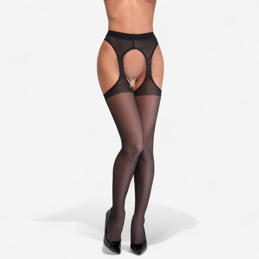 Cottelli Legwear Mustat Haarattomat Suspender Sukkahousut 20 den – Avomalli Takasaumalla – Cottelli Legwear