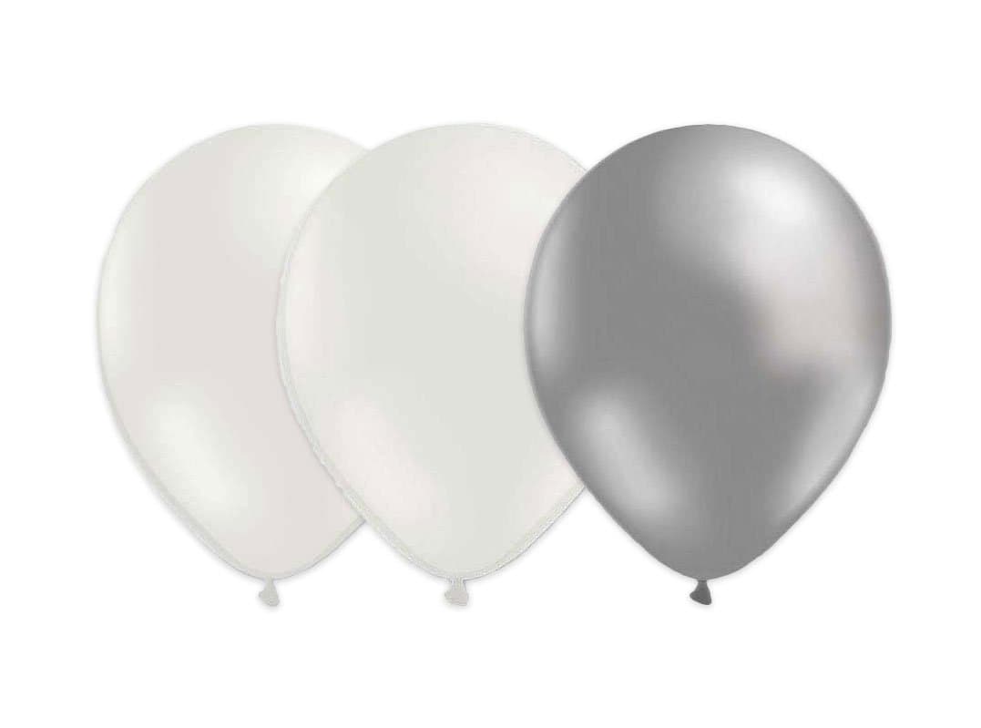 Ilmapallot, Valkoiset/hopeiset, 28cm, 15kpl