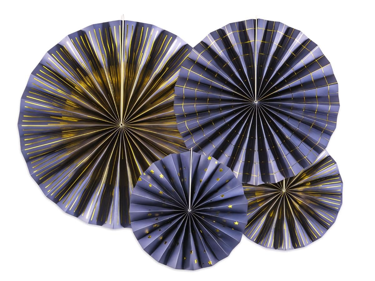 Paperiviuhkat, laivastonsiniset kullanvärisillä yksityiskohdilla, 4 kpl