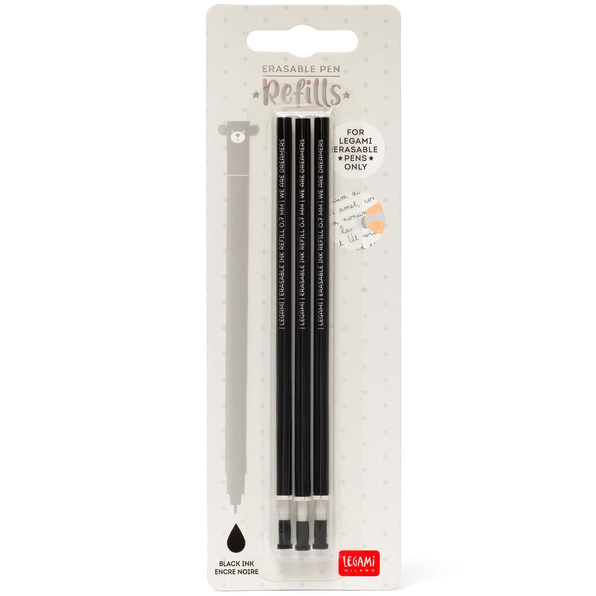 Täyttöpakkaus pyyhittäville geelikynille Legami – Musta, 3kpl