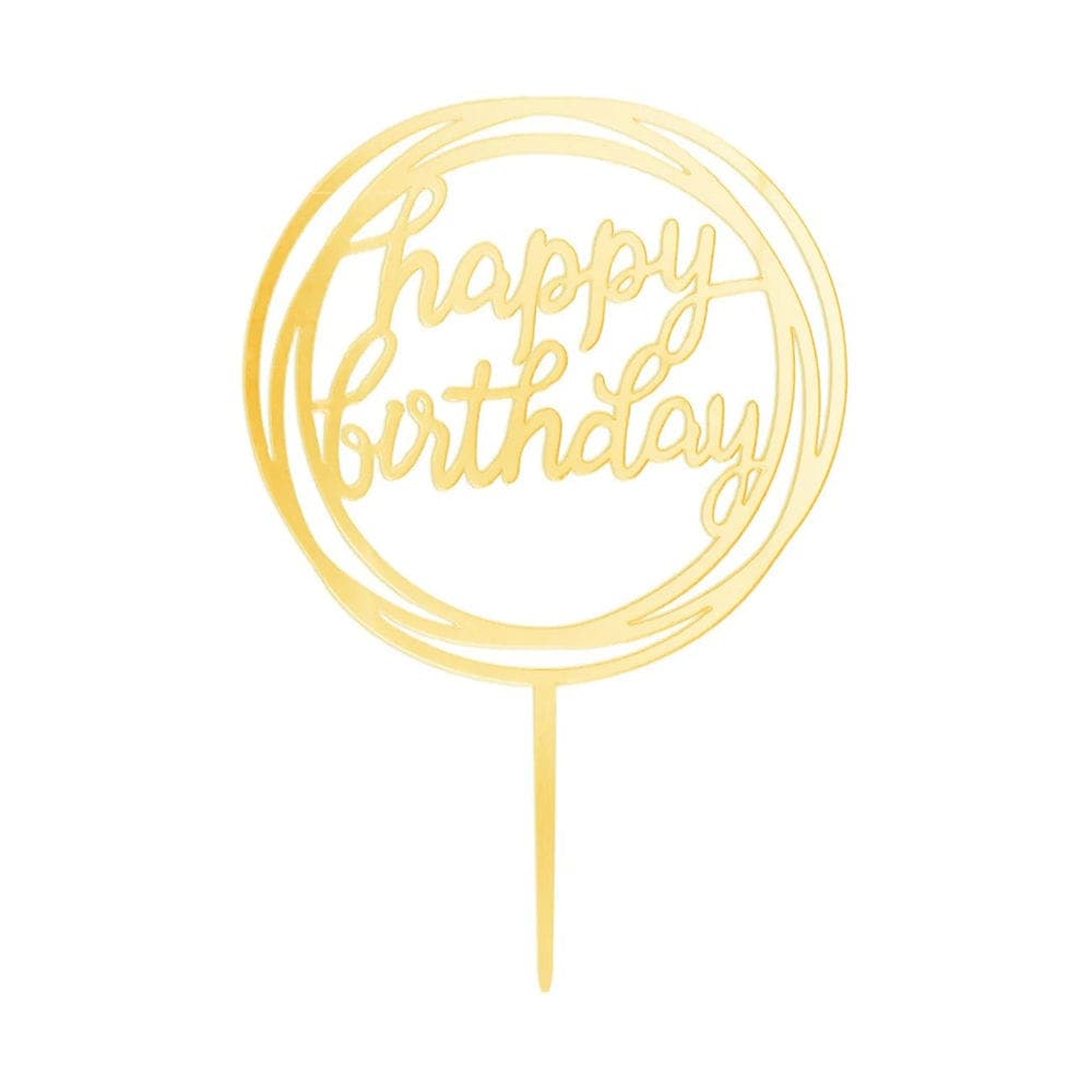 Akryylinen kakkukoriste - Happy birthday, kulta, 17cm