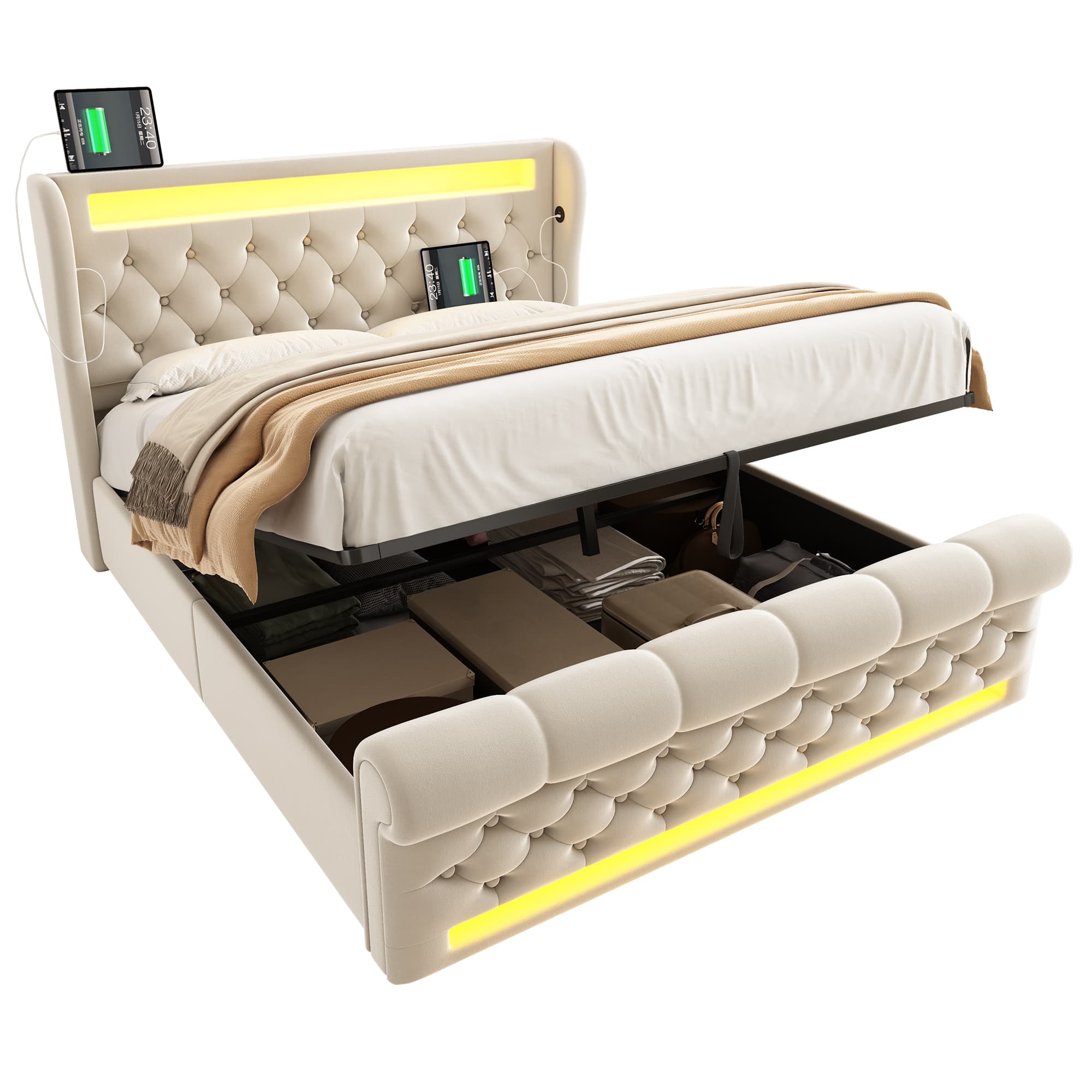 Moderni verhoiltu sänky, 140x200cm, LED USB C Hydraulinen säilytystila, beige sametti