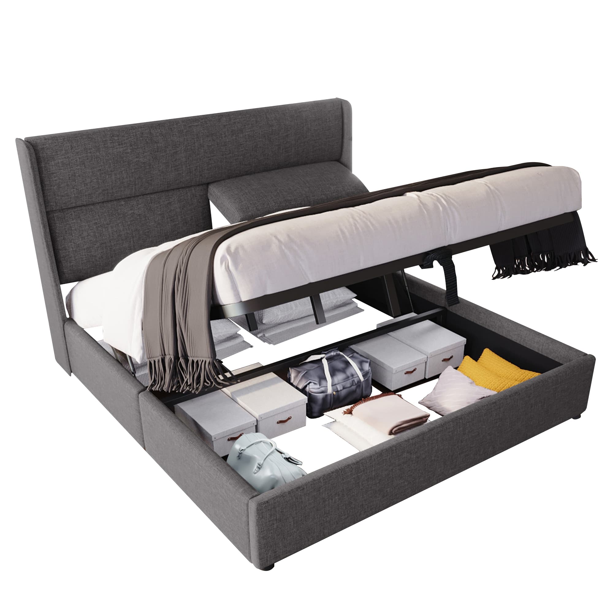 Verhoiltu parisänky, 180x200 cm, säädettävillä niskatuilla ja hydraulisella säilytystilalla, harmaa – SINGULARITY