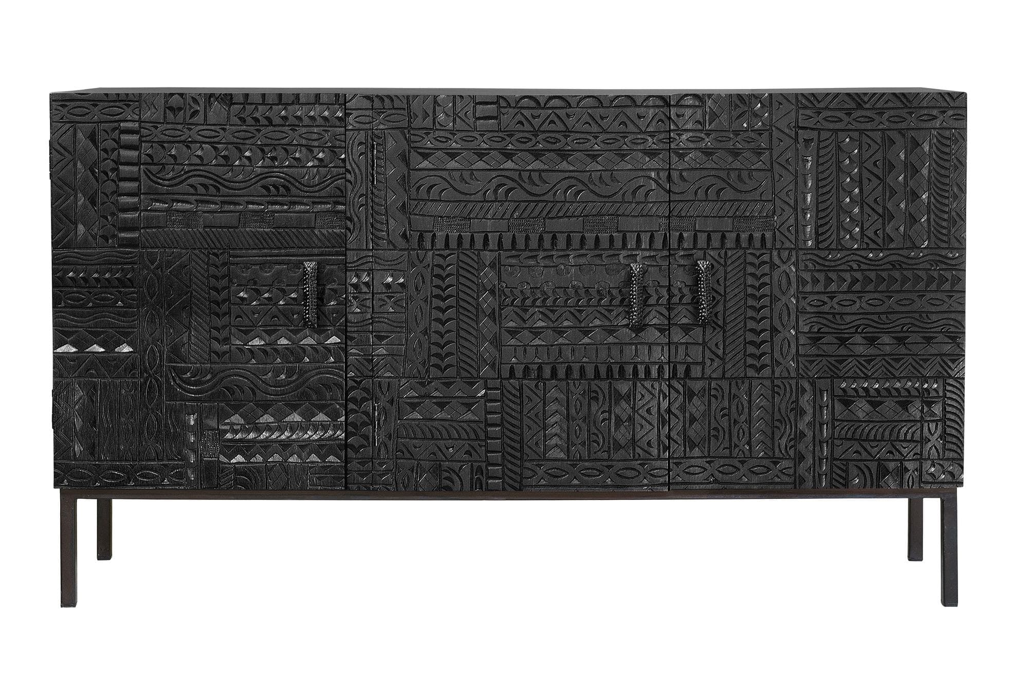 Mangopuusta valmistettu senkki, jossa tumman pähkinänruskeat metallijalat