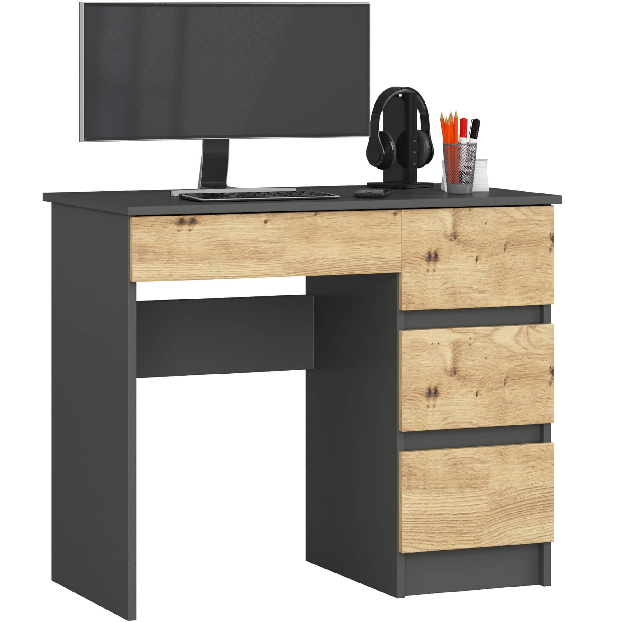 Akord Kirjoituspöytä 3 Laatikkoinen Oikea Grafiitti/Artisan-tammi 90x50x77 – Akord