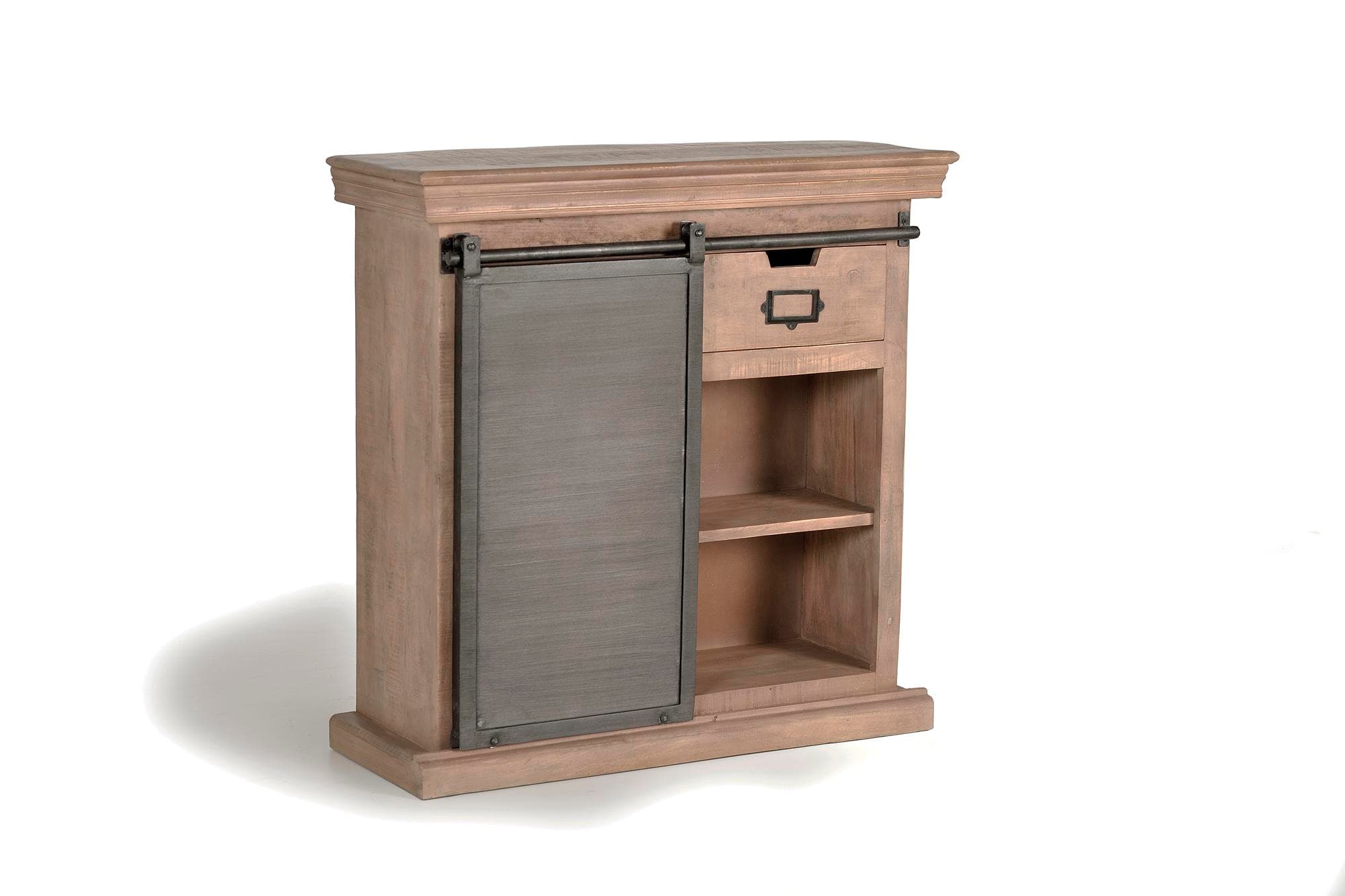 Mangopuusta valmistettu konsolipöytä luonnonvärisillä metallisilla jaloilla