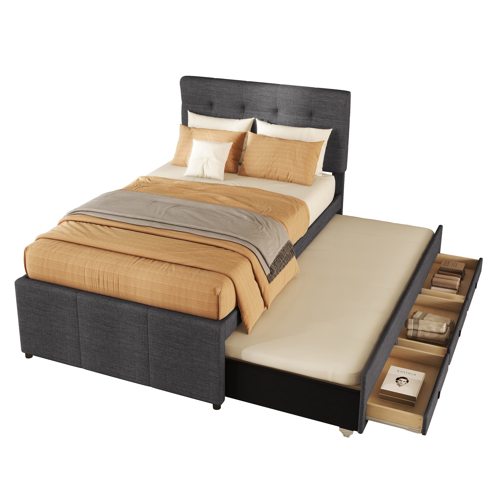 Verhoiltu sänky 90x200cm, Levitettävä lisäsänky 90x190cm, 3 laatikkoa, Harmaa – SINGULARITY