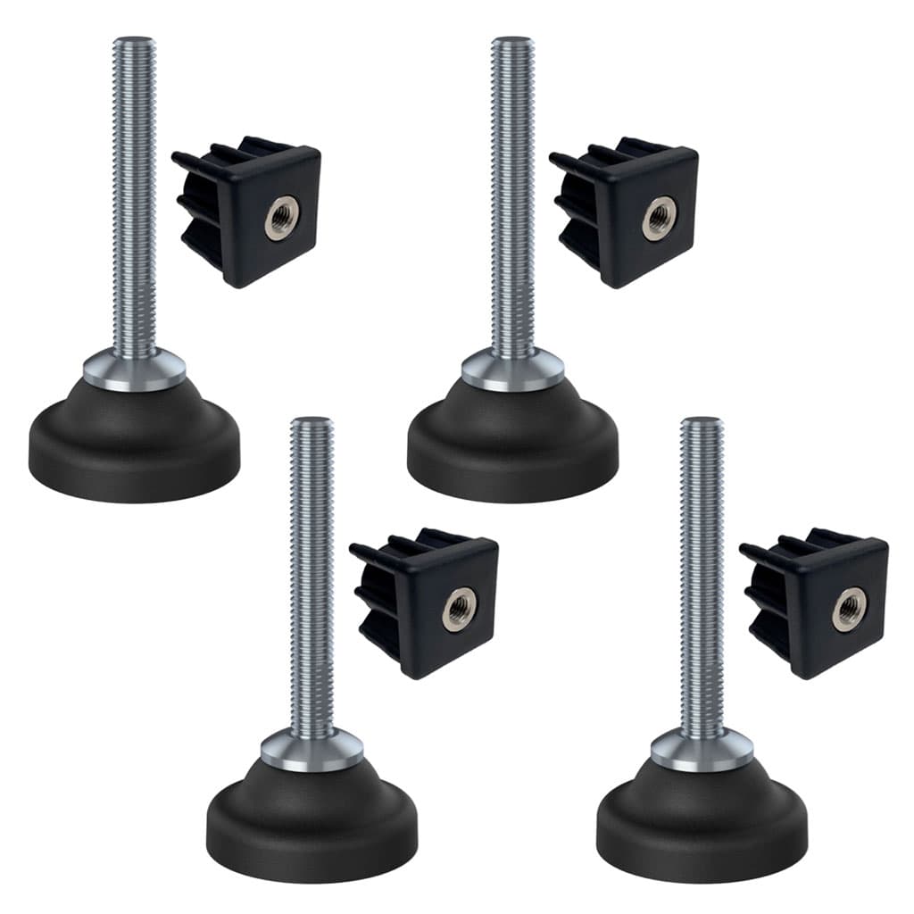 Ruostumaton teräsjalka M10x70, 50 mm:n muovialusta + kiinnike 30x30x1, 5 mm, kantavuus 1400 kg – 4 kpl:n sarja