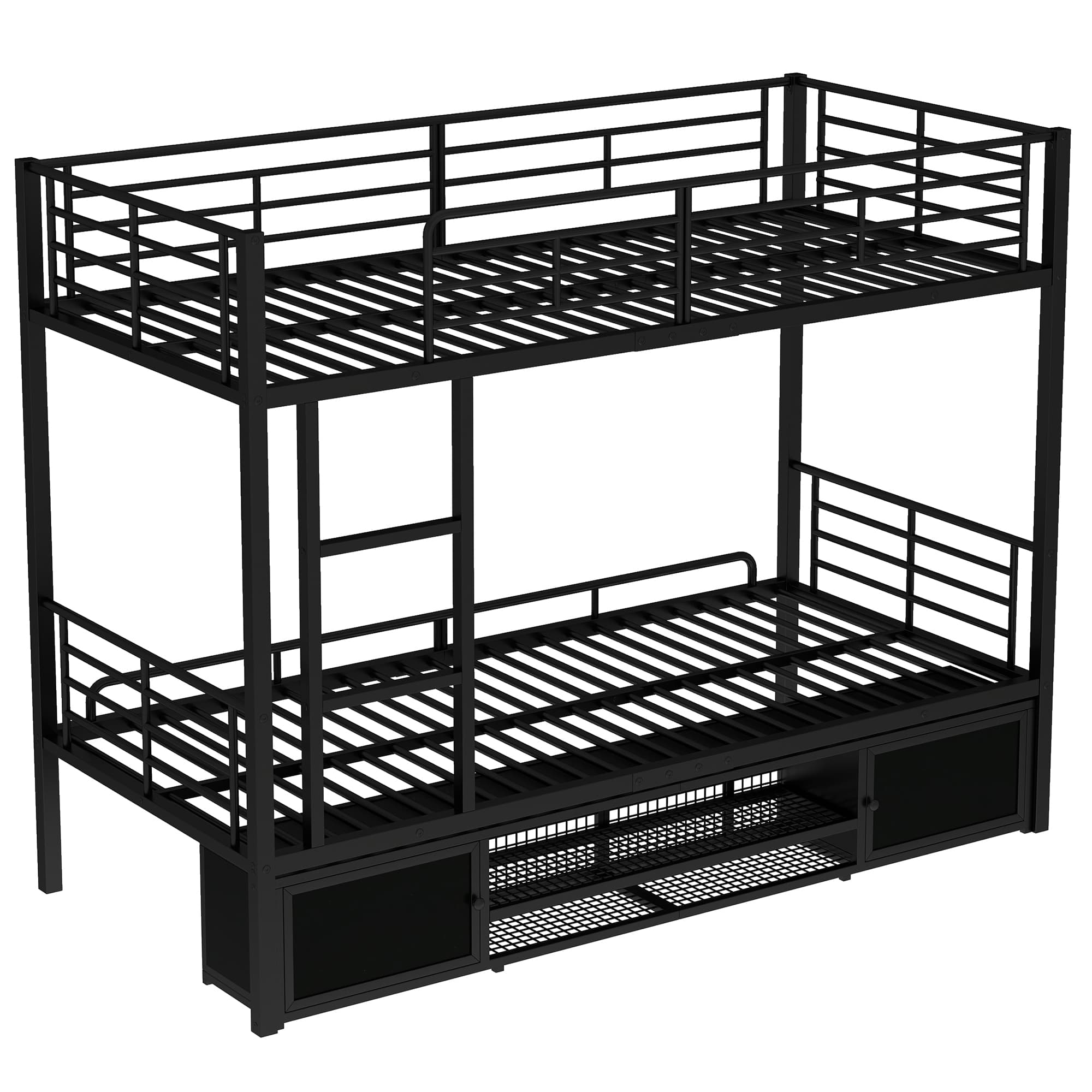Kerrossänky 90x200cm kenkäkaapilla, kaksiovinen säilytyskaappi, lastensänky sivutikkailla ja turvalaidalla, rautaa, musta