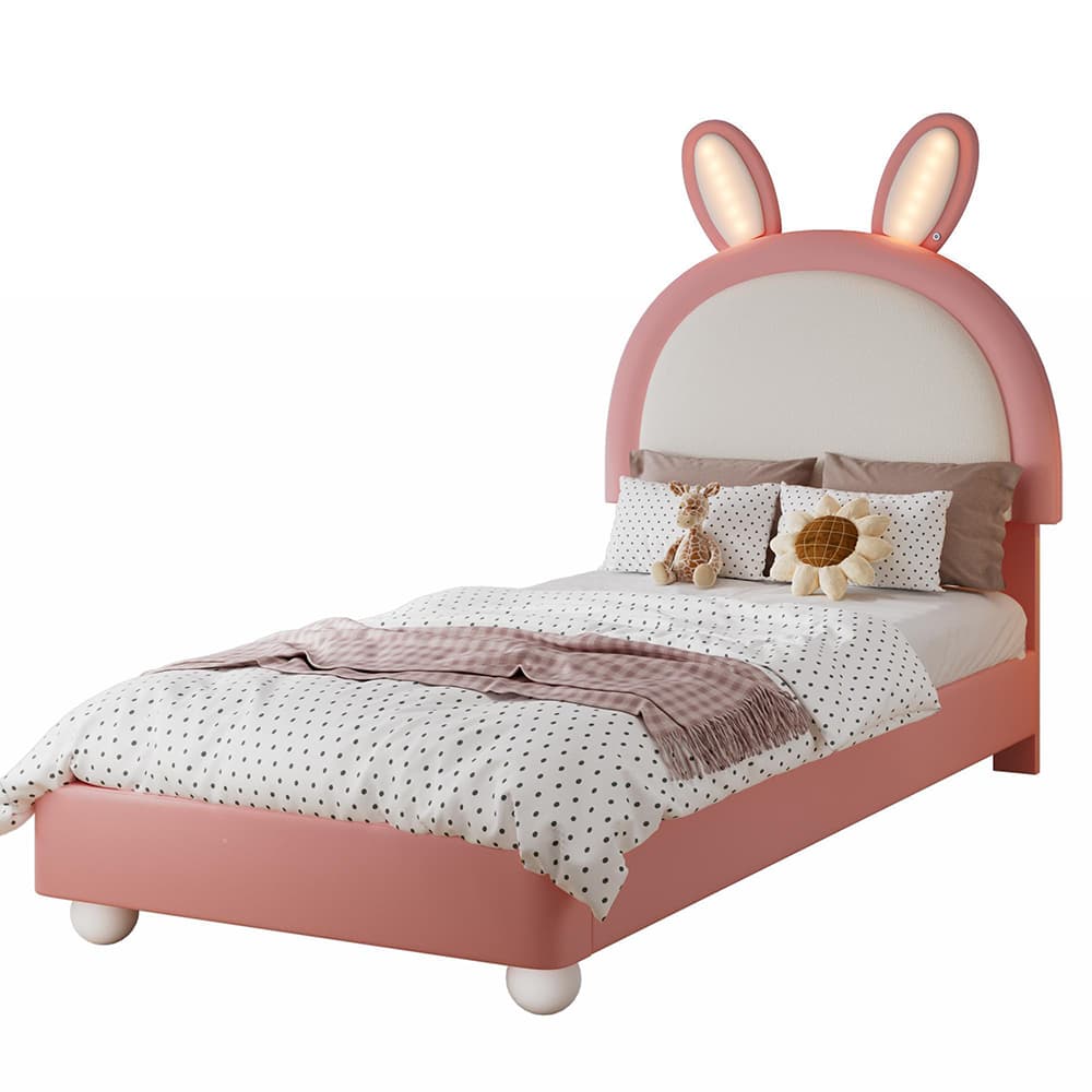 Lastensänky 90x200 cm, vaaleanpunainen, pääty jäniksen muodossa