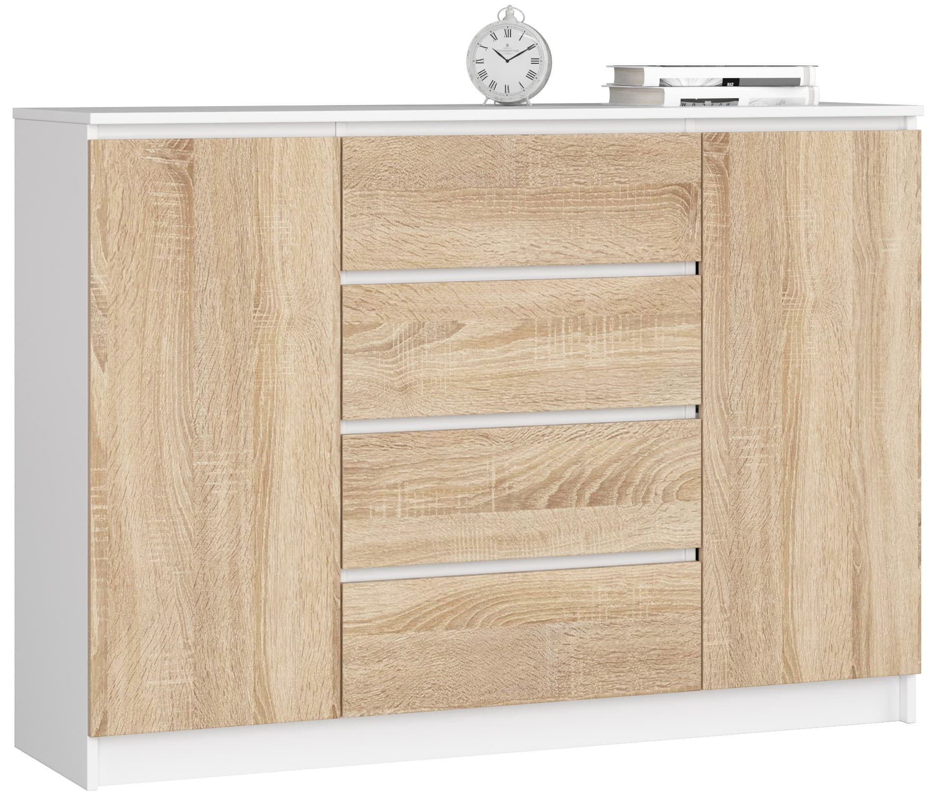 Akord Lipasto 2 Ovet 4 Laatikoa Valkoinen/Sonoma-tammi 138x40x99 – Akord