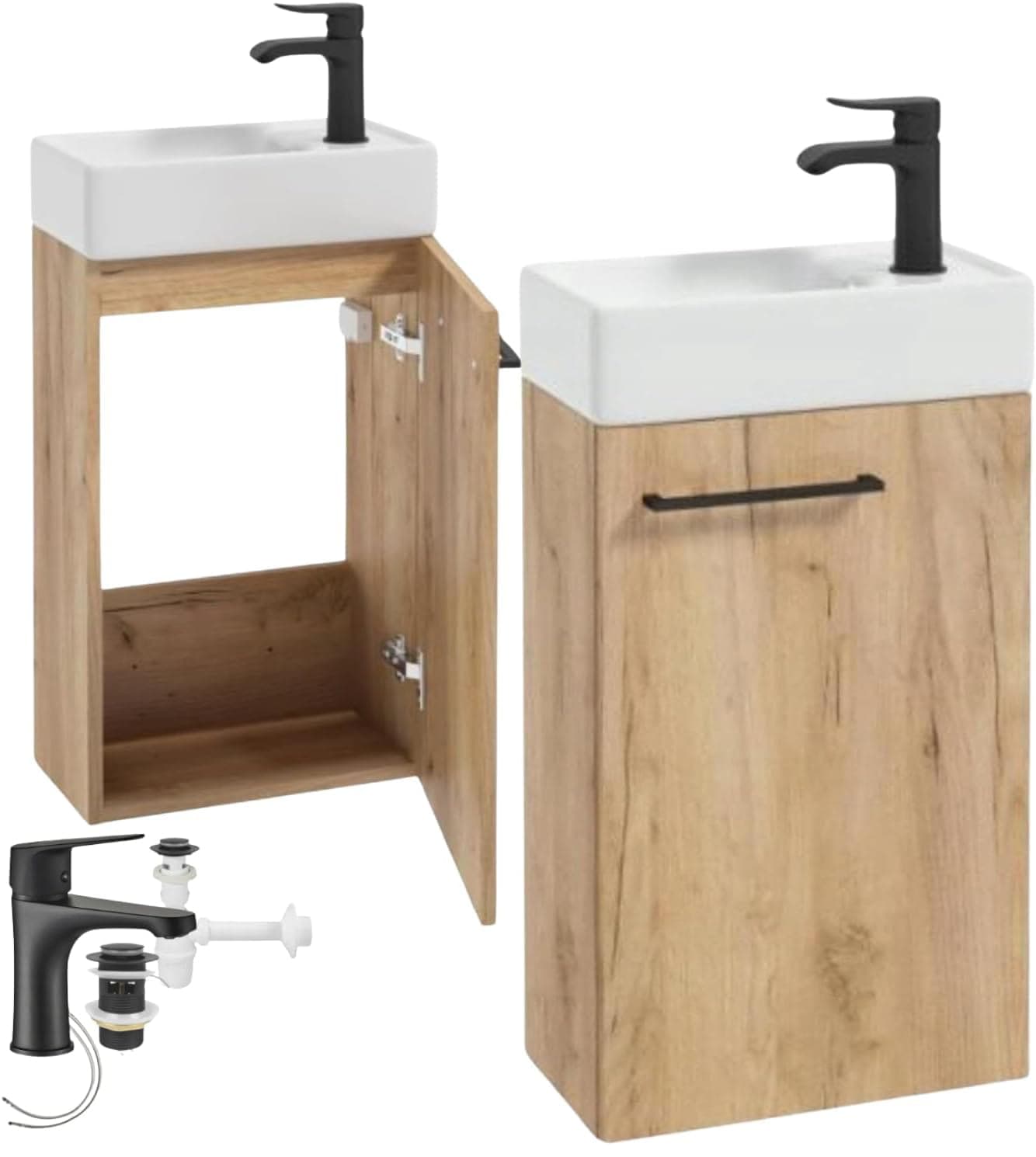 Seinään ripustettava kylpyhuonekaappi, jossa 60x40 askartelutammeinen pesuallas ja musta pieni hana