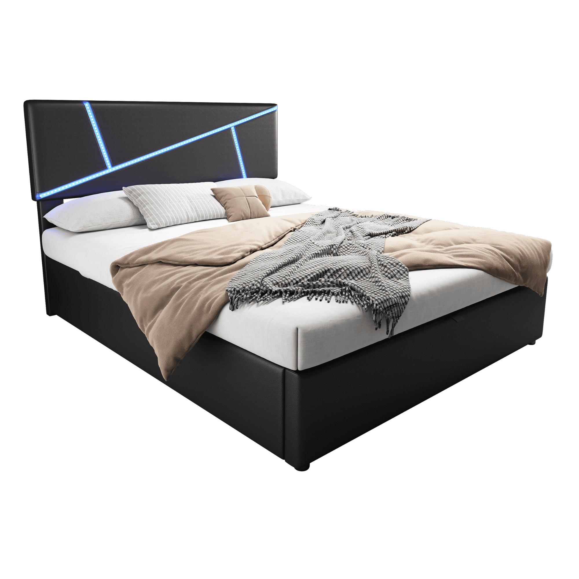 Comfort parisänky 90 x 200 cm LED-nauhalla, hydraulinen toiminta ja musta jäljitelmänahka