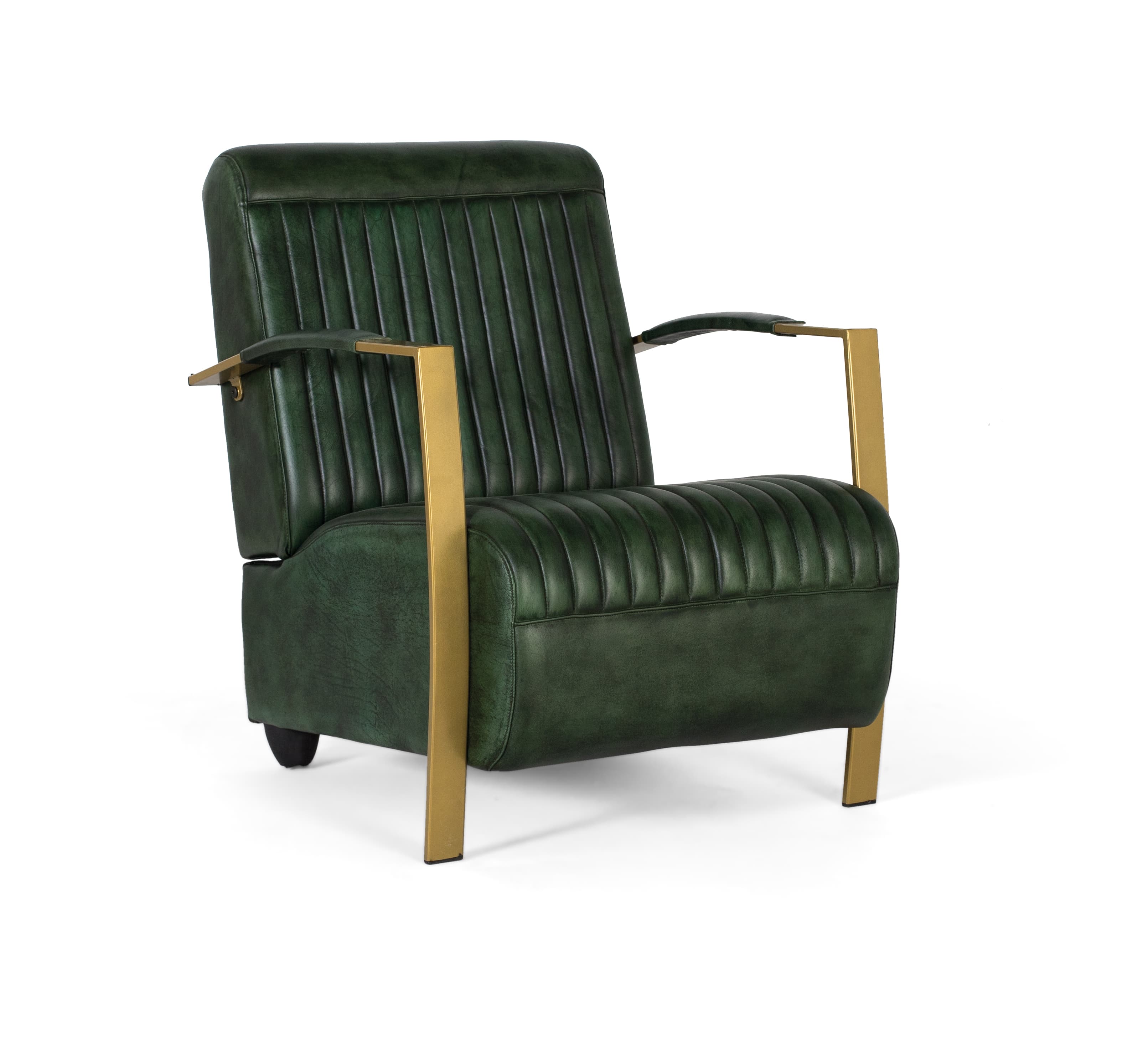 Luonnonnahalla verhoiltu nojatuoli, jossa on kullanvärinen metallirunko