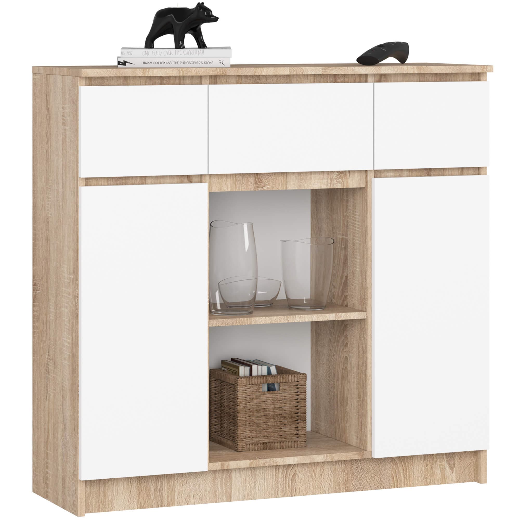 Akord Lipasto 2 Ovea 3 Laatikoa + 1 Pieni Ovi Sonoma-tammi/Valkoinen 101x35x98 – Akord