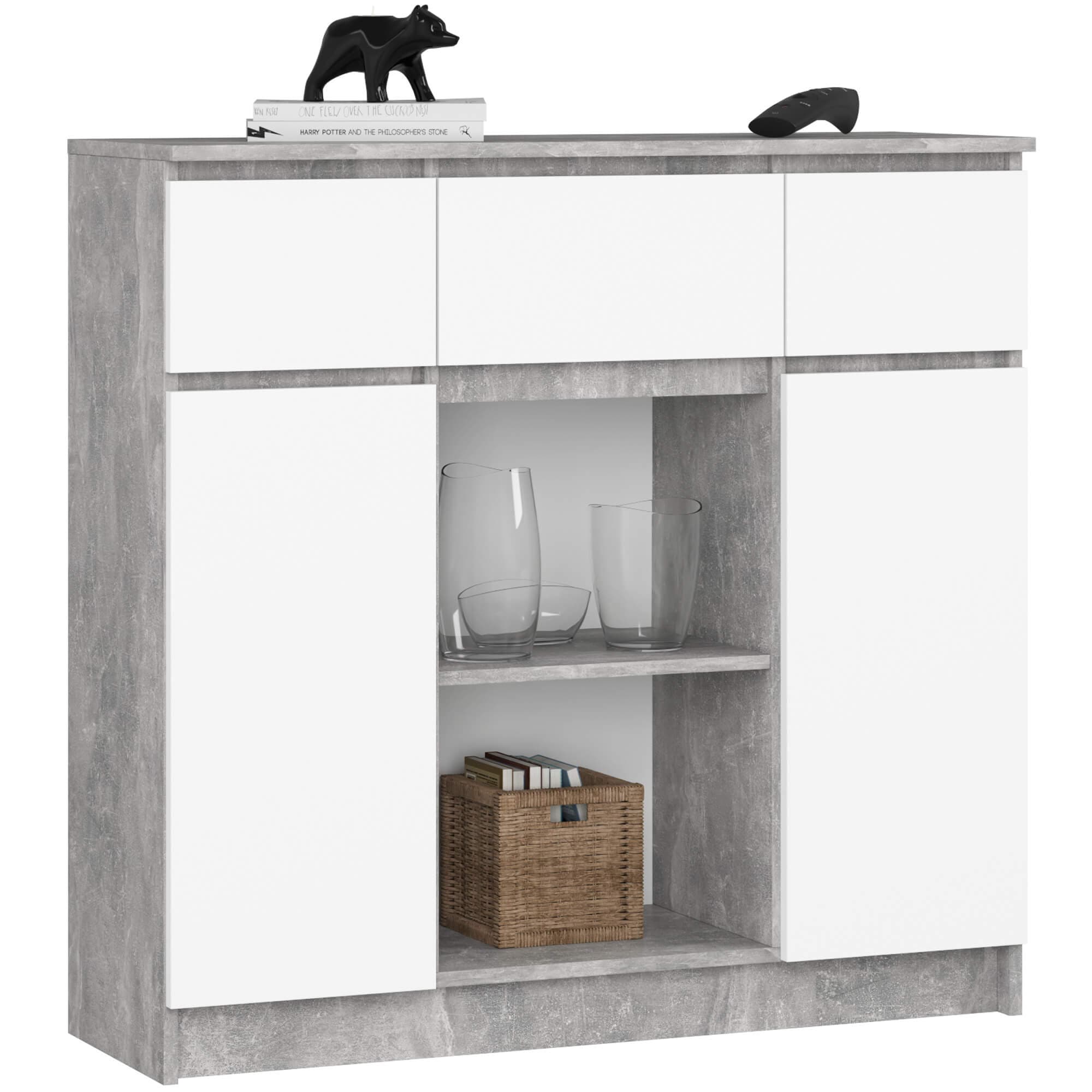 Akord Lipasto 2 Ovea 3 Laatikoa + 1 Pieni Ovi Betoni/Valkoinen 101x35x98 – Akord