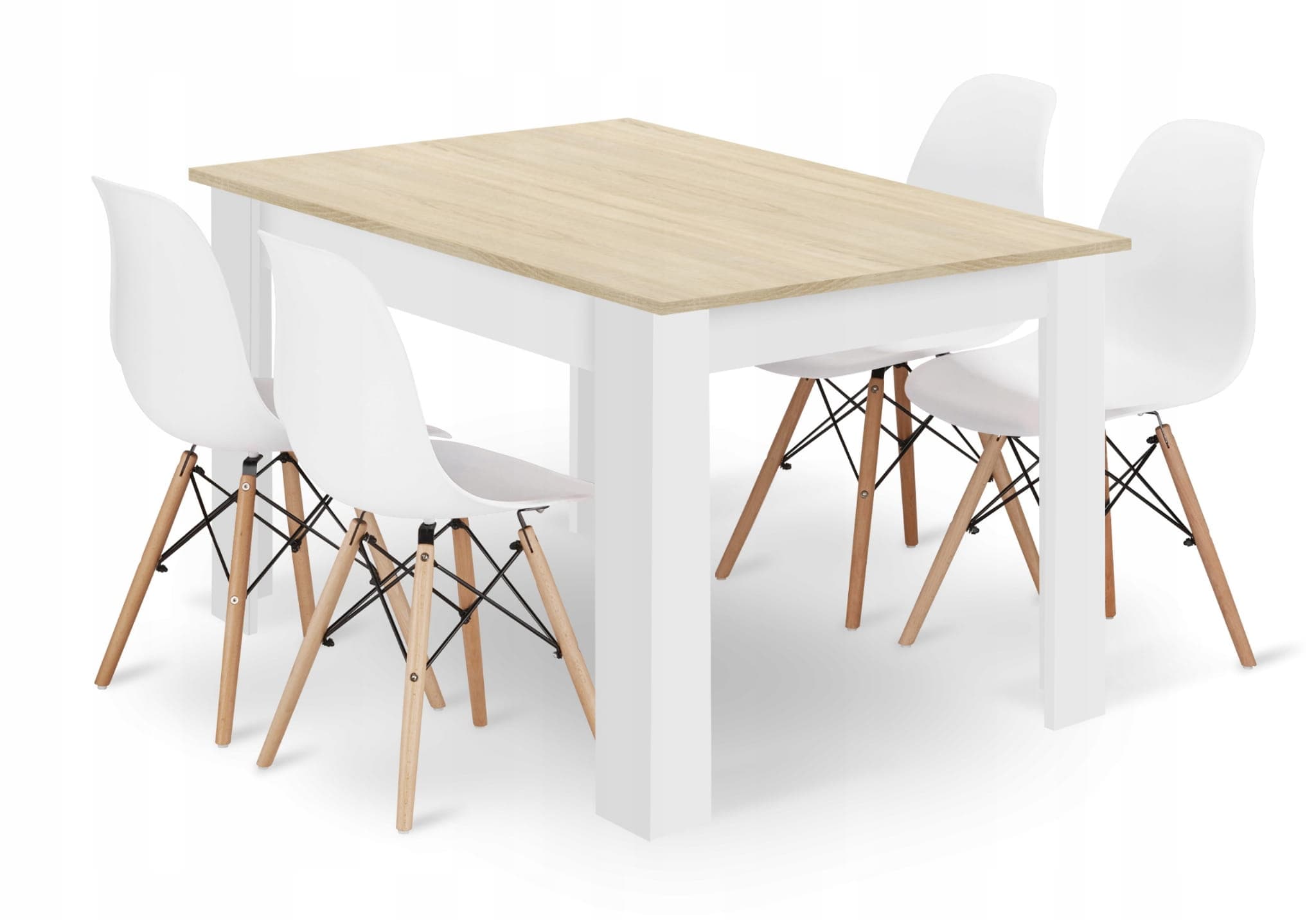 Suorakulmainen pöytä 120x80 sonoma-tammi-tammi ja 4 OSAKA-tuolia, valkoinen – Leobert