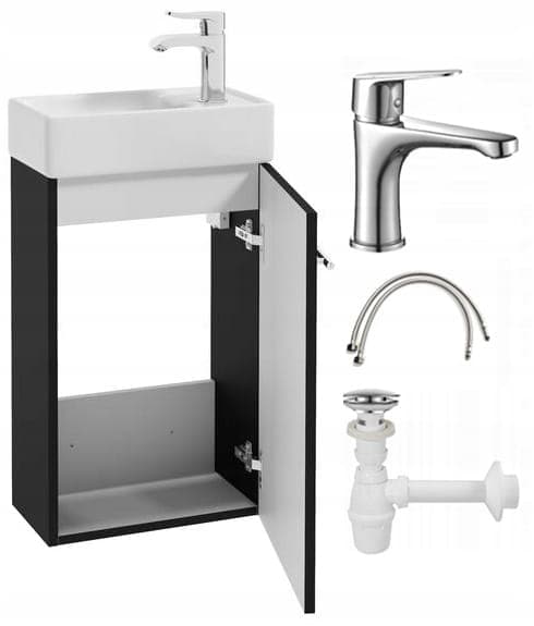 Kylpyhuonekaappi mustalla seinään ripustetulla pesualtaalla 40x60 Pieni pitkänomainen kromihana