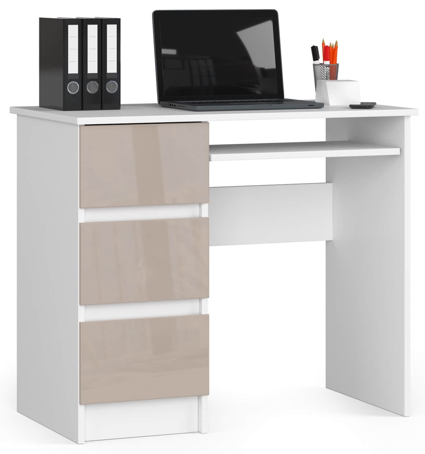 Akord Tietokonepöytä 3 laatikkoa Vasen Valkoinen/Cappuccino Kiiltävä 90x50x77