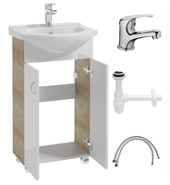 Kylpyhuonesarja: kaappi, jossa 50 cm vapaasti seisova pesuallas ja kromi Tim-hana