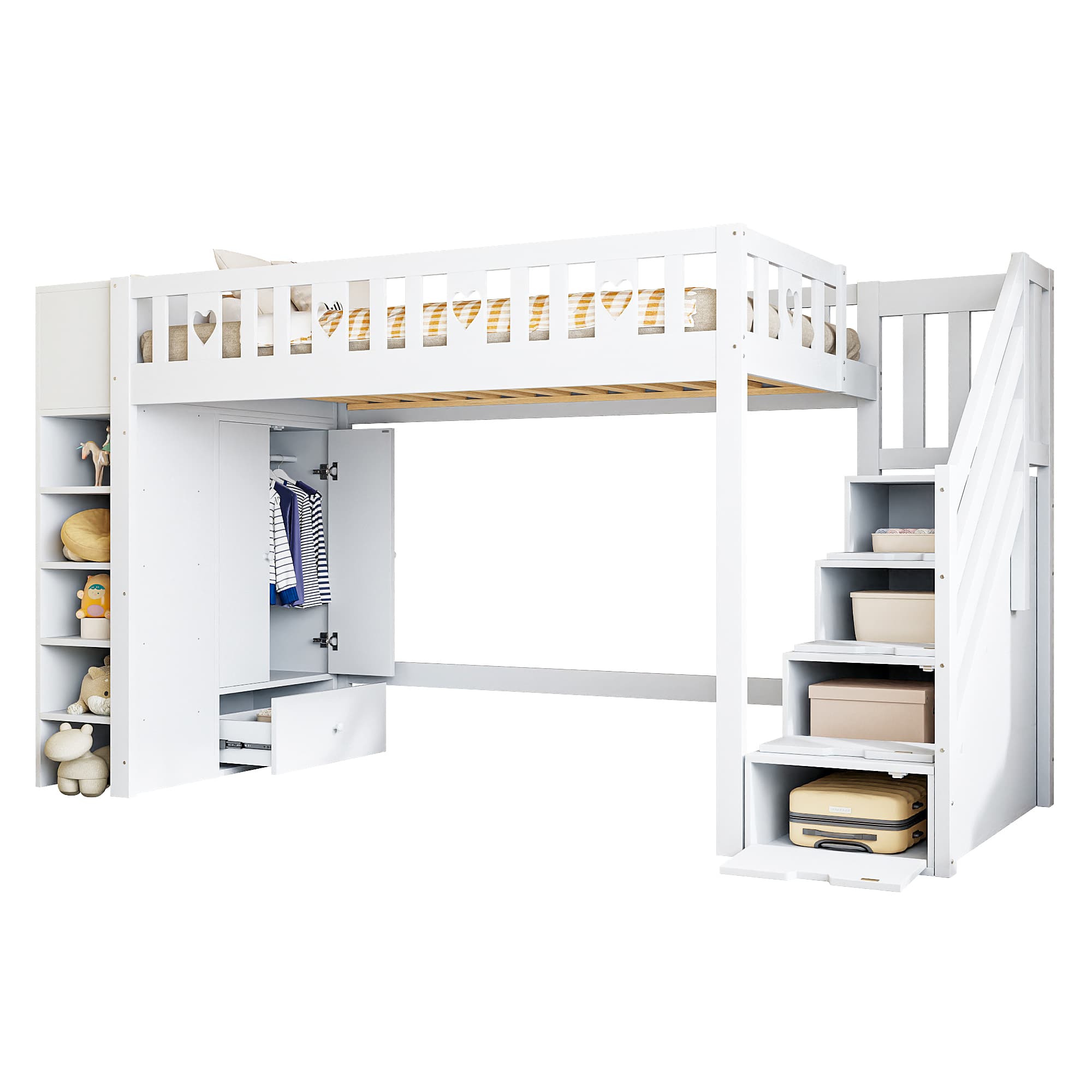 Play Loft Sänky, 90x200cm, Säilytystikkaat Hyllyt Sydänkaide, Valkoinen – SINGULARITY