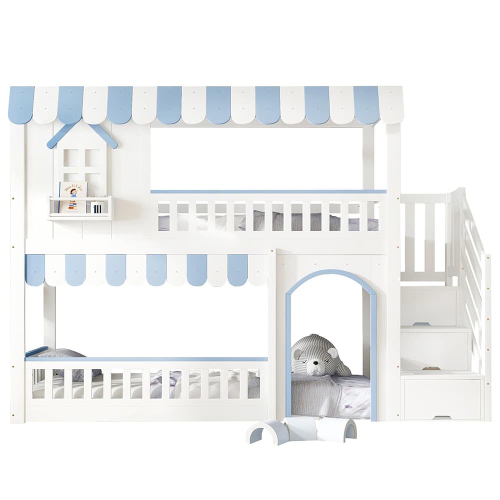 Kerrossänky 90x200 cm, valkoinen+sininen, portaiden säilytyskaapilla