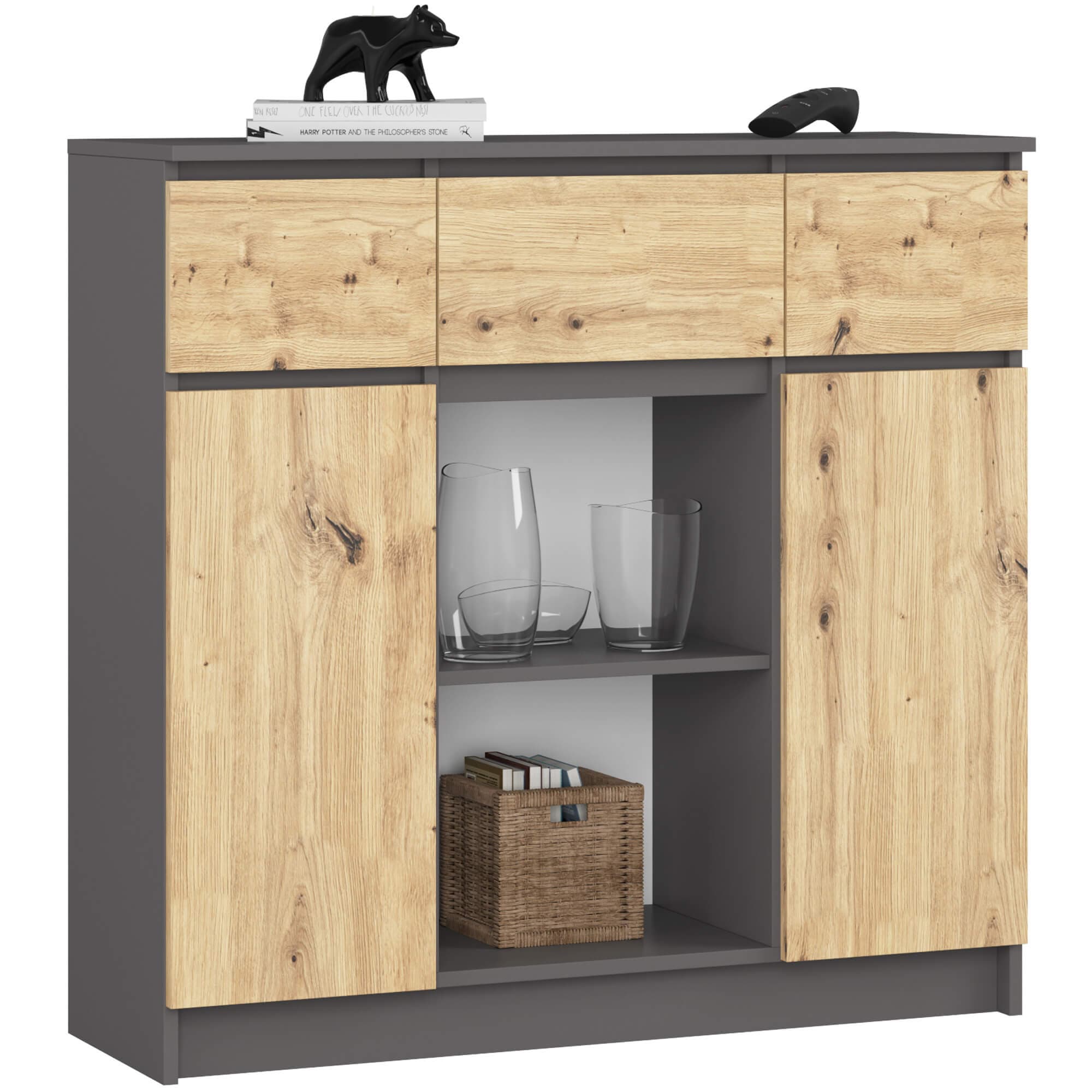 Akord Lipasto 2 Ovea 3 Laatikoa + 1 Pieni Ovi Harmaa Grafiitti/Artisan-tammi 101x35x98 – Akord