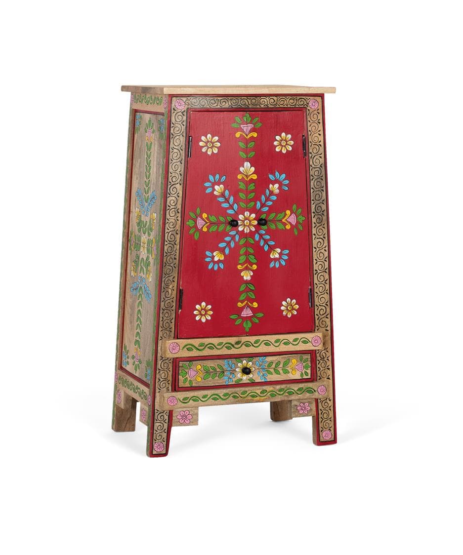 Mangopuusta ja MDF-levystä valmistettu ja käsinmaalattu sivupöytä