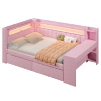 Vuodesohva 140x200, USB- ja LED-valoilla, työpöytä ja 2 laatikkoa, pinkki