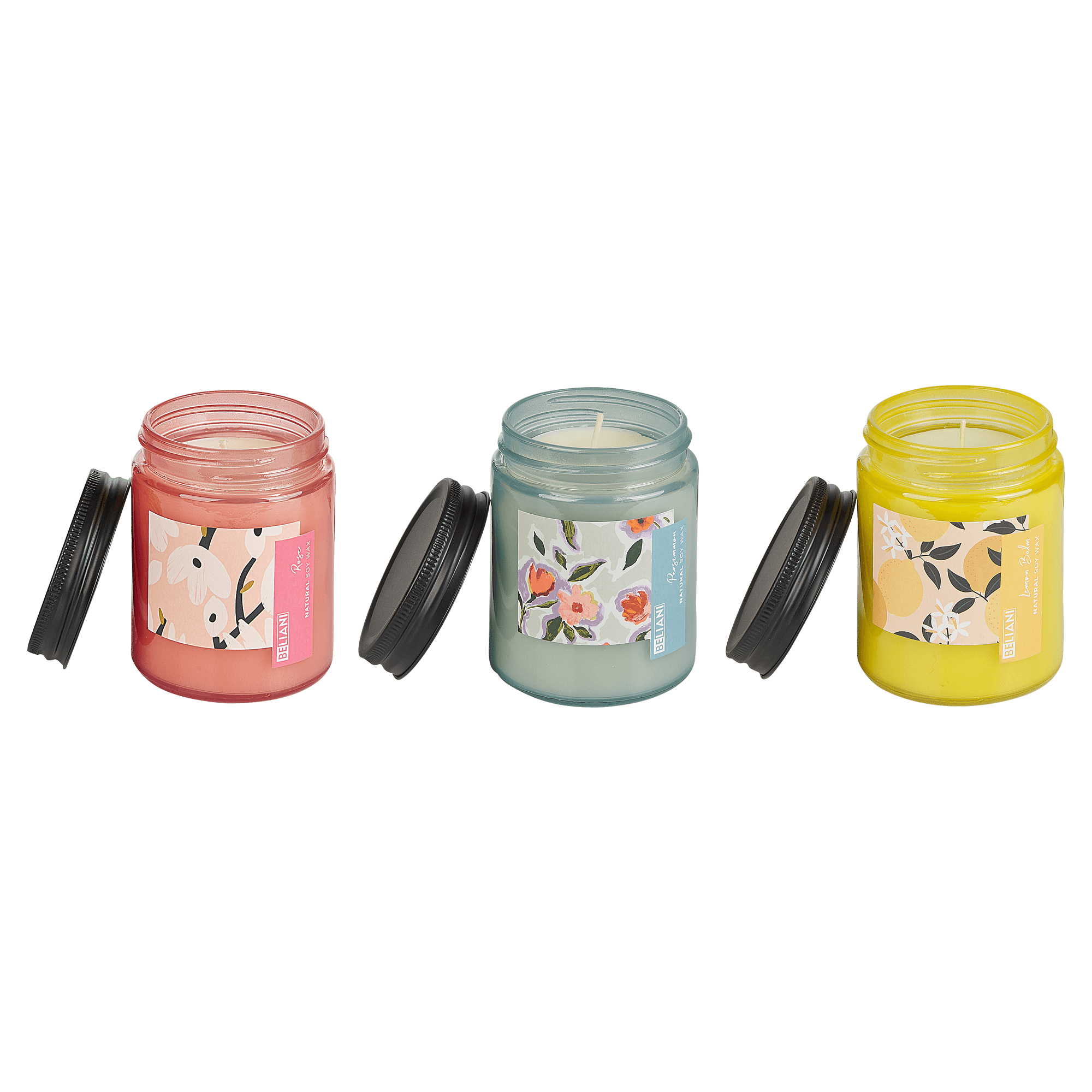 Tuoksukynttiläsetti 3 kpl FRUITY BLOOM Soijavaha Itämaiset tuoksut Yrttituoksut Kukkatuoksut – Beliani