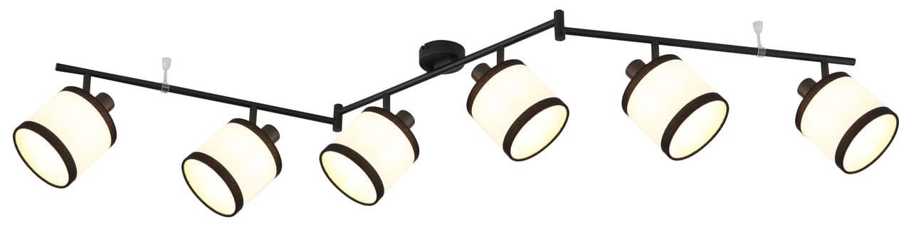 NETTLIFE kattokohdevalaisin, 6 lamppua, musta retrotyyli, tekstiilivarjostin, E14-kannat, 350° kääntyvä. Ei sisällä polttimoita