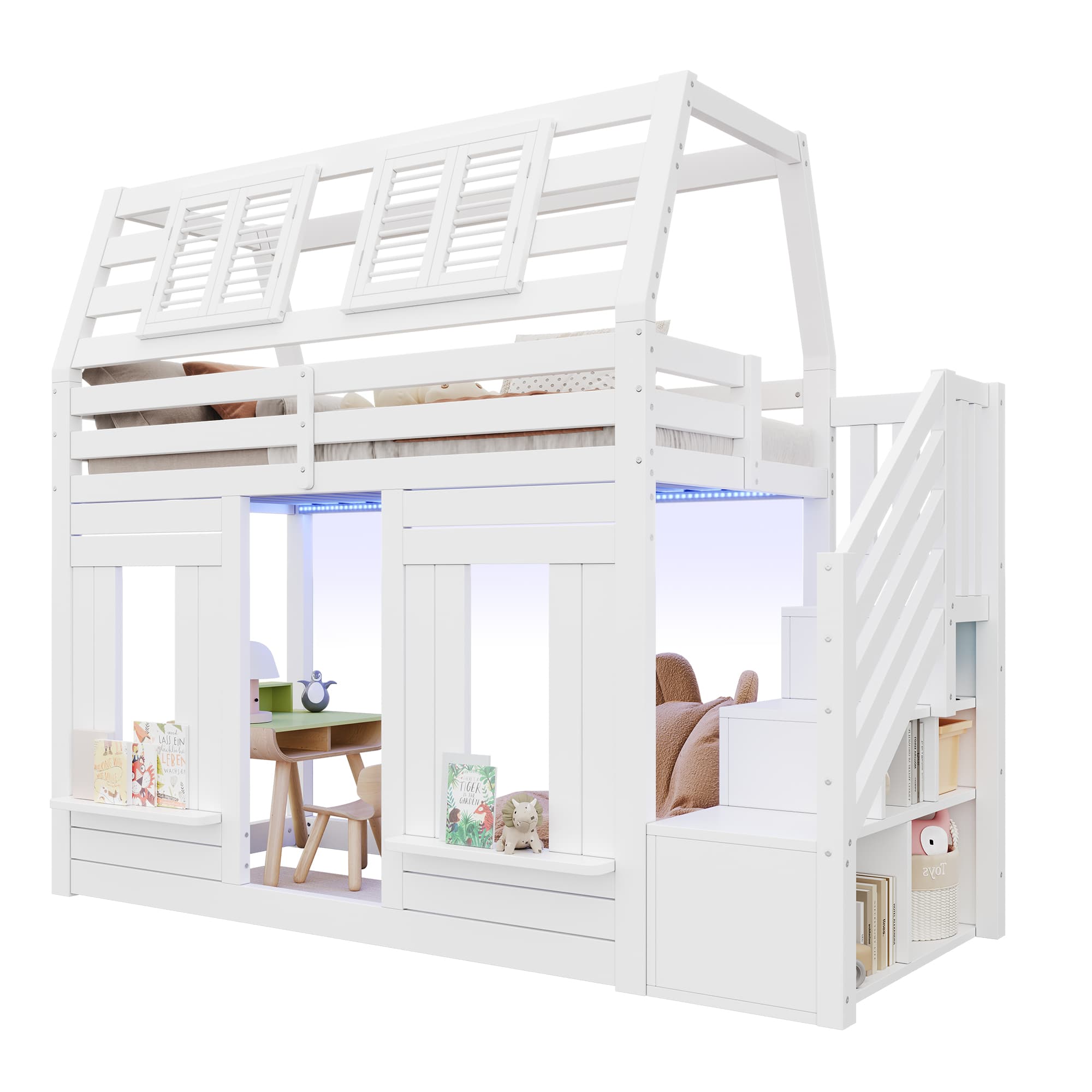 Kerrossänky, 90x200 cm, lapset, talon suunnittelu, LED, kaide, varastoportaat, valkoinen