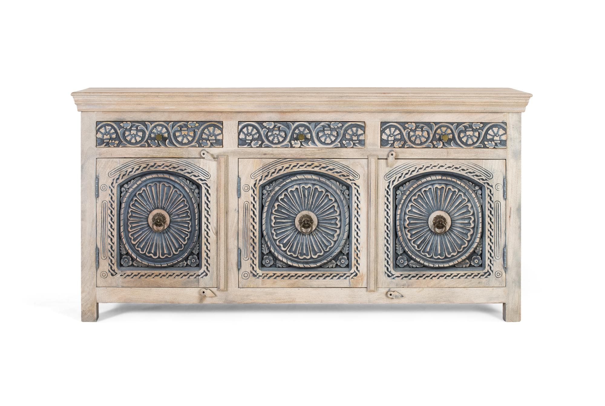 Senkki massiivimangopuusta, kolme laatikkoa ja kolme ovea