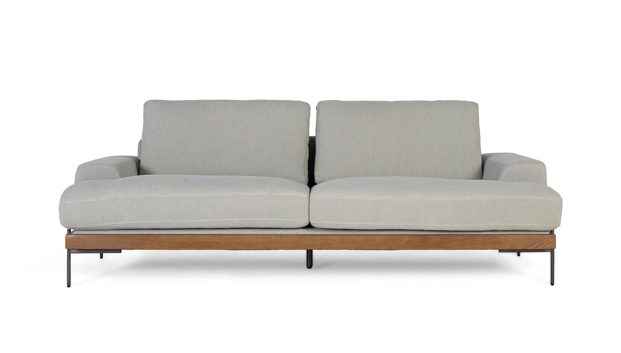 Harmaalla pellavakankaalla verhoiltu sohva, metallijalat, 6 istuttavaa – Giner y Colomer